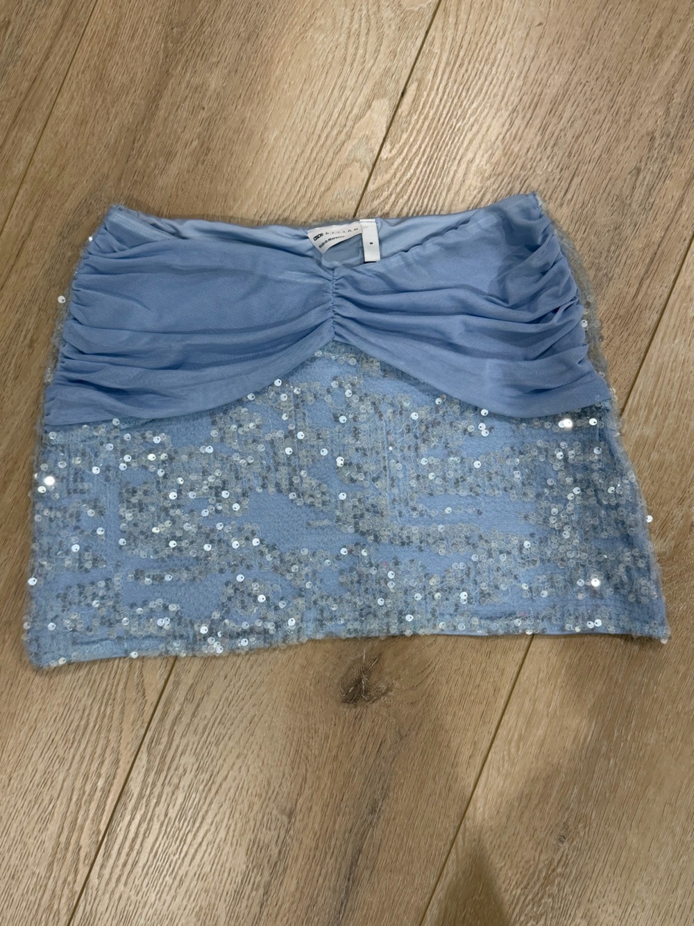 ASOS Light Blue Sequin Midi Skirt with Ruched Mesh Waist